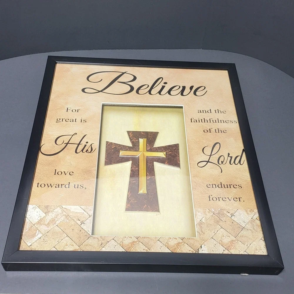 Interiors by Design Framed Wall Art Believe Religious 3D Cross Black Frame 15x17